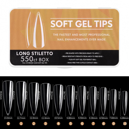 FTips PRO Soft Gel Fullcover Tips - Long Stiletto 550